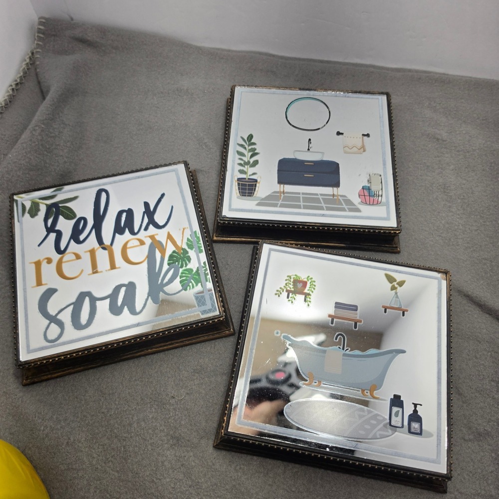 Set of 3 Bathroom Wall Art Mirrored Plaques Bronze Plastic Frames